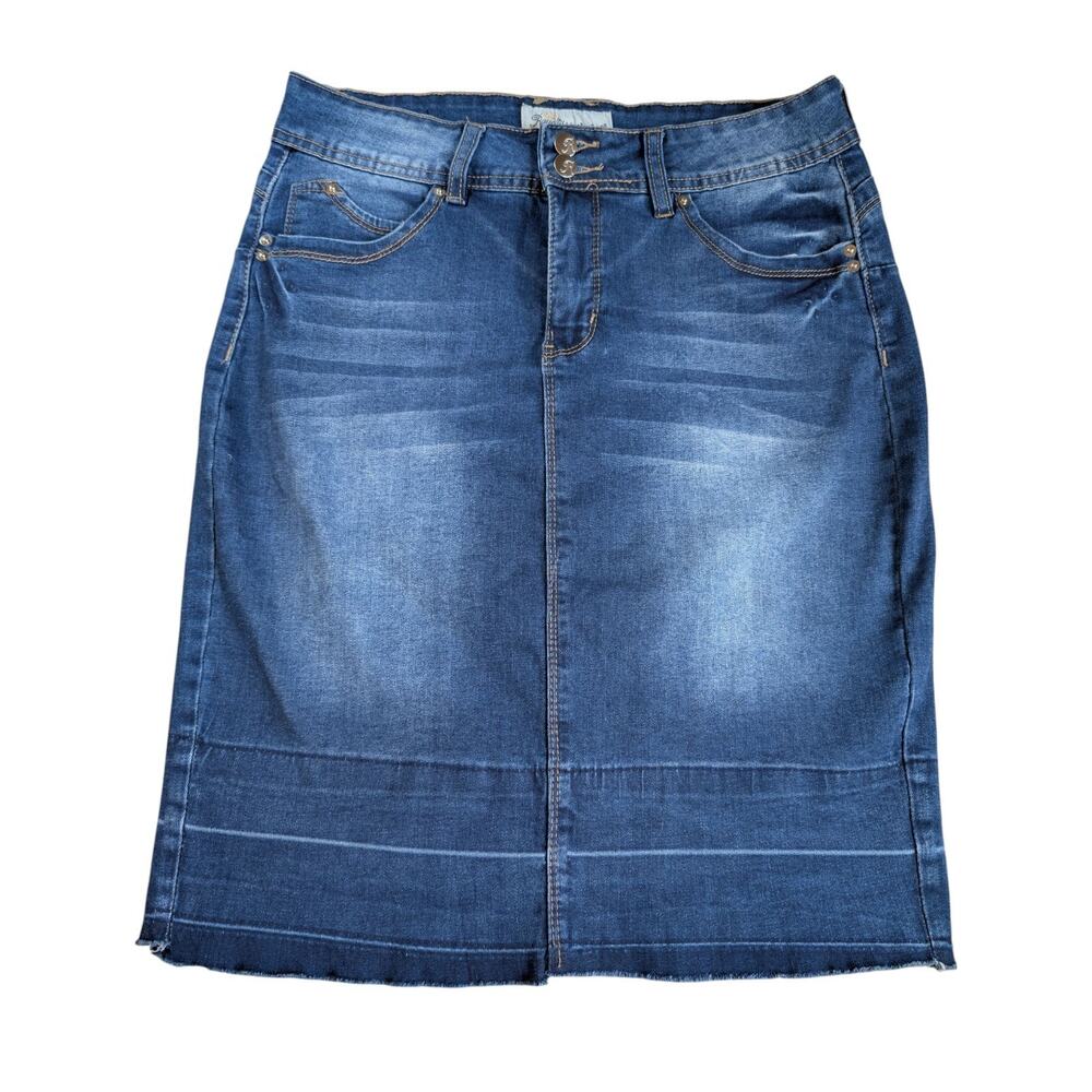 Royalty For Me Women's Sz 10 Denim Skirt Raw Hem Back Split Stretch